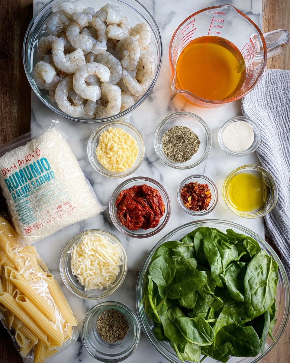 A white marbled surface holds various cooking ingredients arranged neatly. At the top left is a clear glass bowl filled with raw peeled shrimp showing their light gray and translucent texture. Below it, a glass measuring cup contains a golden orange liquid. To its left, a small clear bowl contains finely minced light yellow garlic. Near the center bottom, a white package of gluten-free penne pasta sits unopened. Toward the right, a large clear bowl filled with fresh green spinach leaves is visible. Around these main items, smaller clear bowls hold a mix of spices including salt, black and green herbs, bright red tomato paste, dried sun-dried tomato pieces, light yellow onion flakes, and a small glass cup of golden oil. A white bowl with finely shredded white cheese and a small portion of butter add creamy, pale tones. A striped white and gray cloth is seen in the top right corner. Photo taken with an iphone --ar 4:5 --v 7