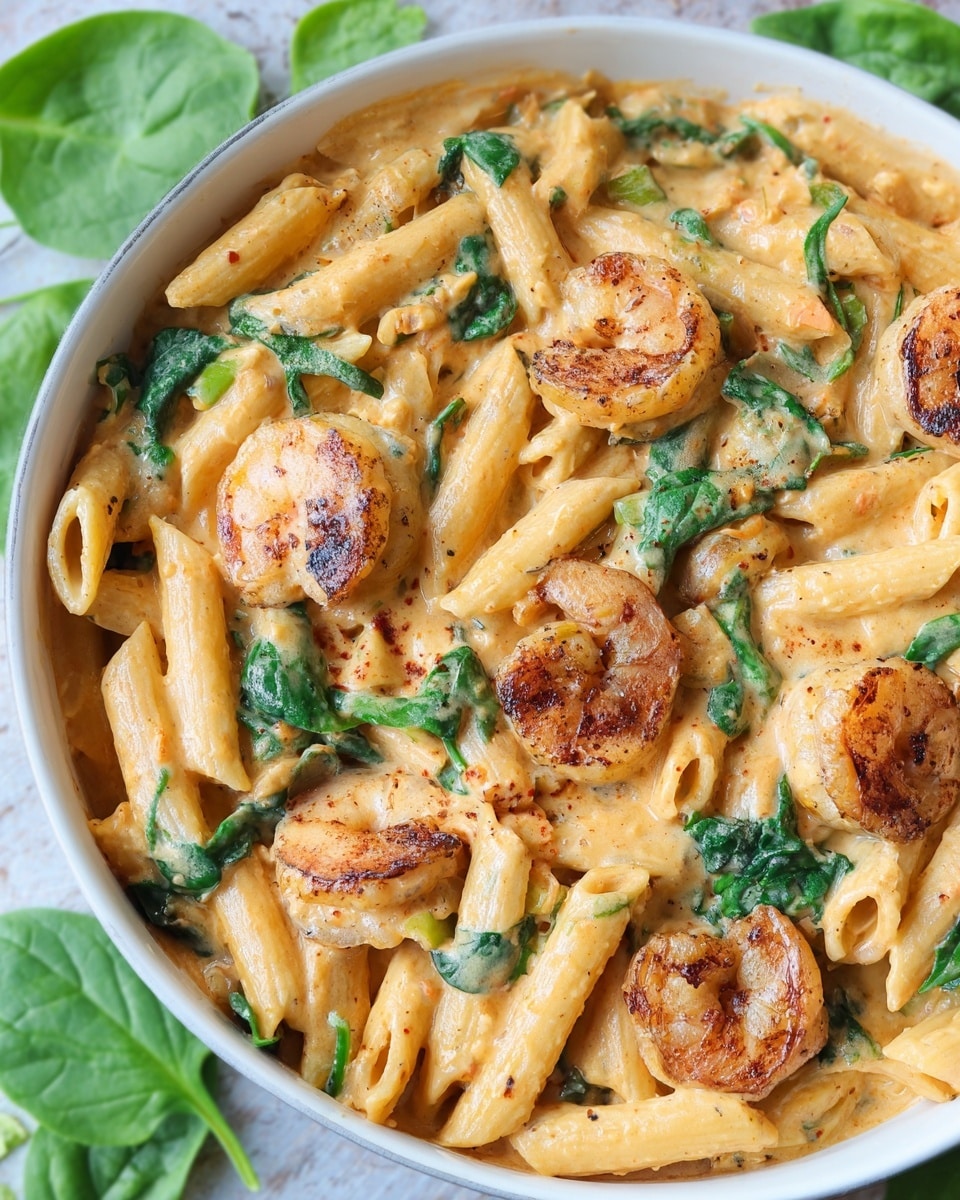 A close-up view of a white bowl filled with creamy pasta made of penne noodles mixed with a light orange sauce. The dish has several cooked shrimp scattered on top, each shrimp showing a light brown grilled texture. There are bright green small spinach leaves mixed evenly through the pasta. The creamy sauce coats the noodles and shrimp, giving the dish a thick and smooth look. The bowl sits on a white marbled surface with some fresh spinach leaves placed around it. Photo taken with an iphone --ar 4:5 --v 7