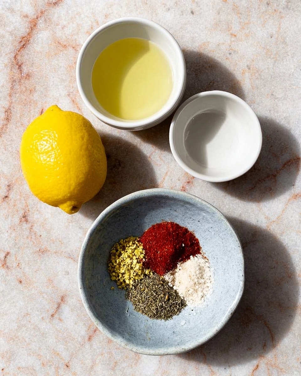 A whole bright yellow lemon sits on the left side, next to two small white bowls on a white marbled surface. The top bowl contains a clear yellow liquid, while the bottom bowl is filled with five different dry spices arranged in sections: green herbs, red powder, yellow seeds, white salt, and black pepper. The spices are neatly separated within the bowl, showing their varied textures and colors. Photo taken with an iphone --ar 4:5 --v 7
