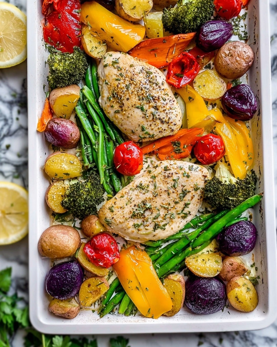 The image shows a white tray filled with two light brown chicken pieces seasoned with herbs and black pepper, placed near the center. Around the chicken are vibrant roasted vegetables including bright yellow, red, and orange bell peppers, green broccoli florets, green snap peas, round red cherry tomatoes, orange carrot slices, and a mix of purple and brown small potatoes. The vegetables create a colorful and textured border around the chicken. The tray sits on a white marbled surface with a half lemon and green herbs partly visible at the bottom. Photo taken with an iphone --ar 4:5 --v 7