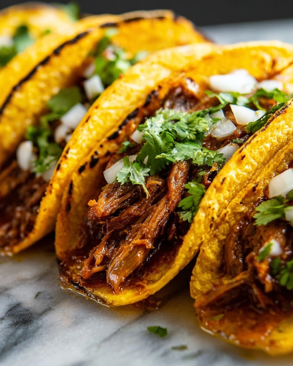 The image shows close-up tacos arranged in a row on a surface with a white marbled texture. Each taco has two layers of tortillas, the outer tortilla is yellow with char marks, and the inner tortilla is light beige with a soft texture. The first layer inside the tortillas is shredded brown meat with a glossy, saucy look, piled thickly in each taco. On top of the meat, there are small white onion cubes and bright green cilantro leaves scattered evenly, adding fresh contrast. The tacos lean slightly forward, showing the filling clearly, with some sauce glistening at the bottom around the tacos. Photo taken with an iphone --ar 4:5 --v 7