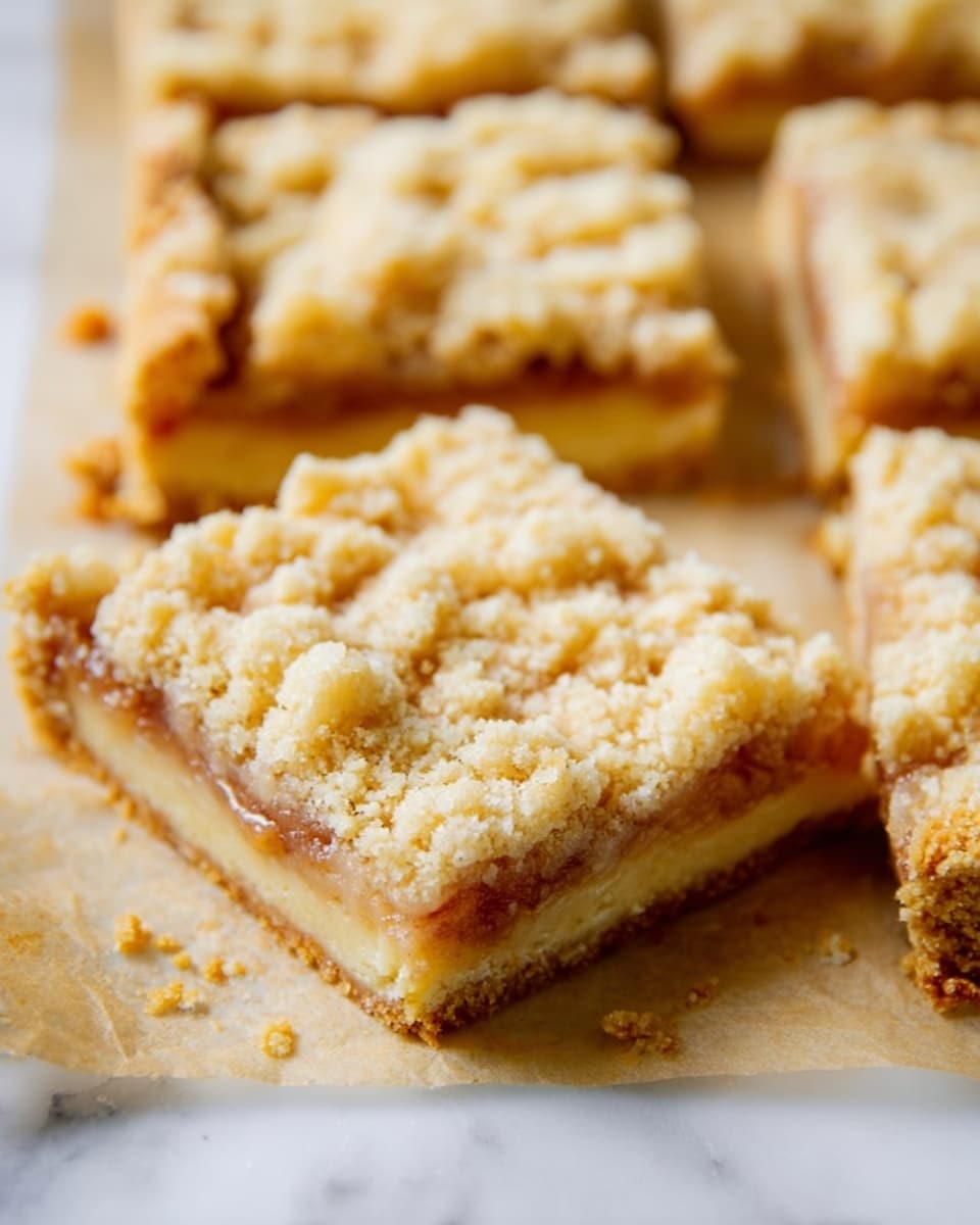 The image shows a close-up view of a crumbly dessert cut into square pieces placed on parchment paper. Each piece has three visible layers: the bottom golden-brown crust, a thin middle layer of soft fruit filling with a light brown tint, and a top thick crumbly layer in pale yellow with a rough texture. The crumb layer looks slightly uneven and coarse, while the crust is firm and slightly darker around the edges. Pieces are arranged closely but not touching each other on a white marbled surface in the background. Photo taken with an iphone --ar 4:5 --v 7