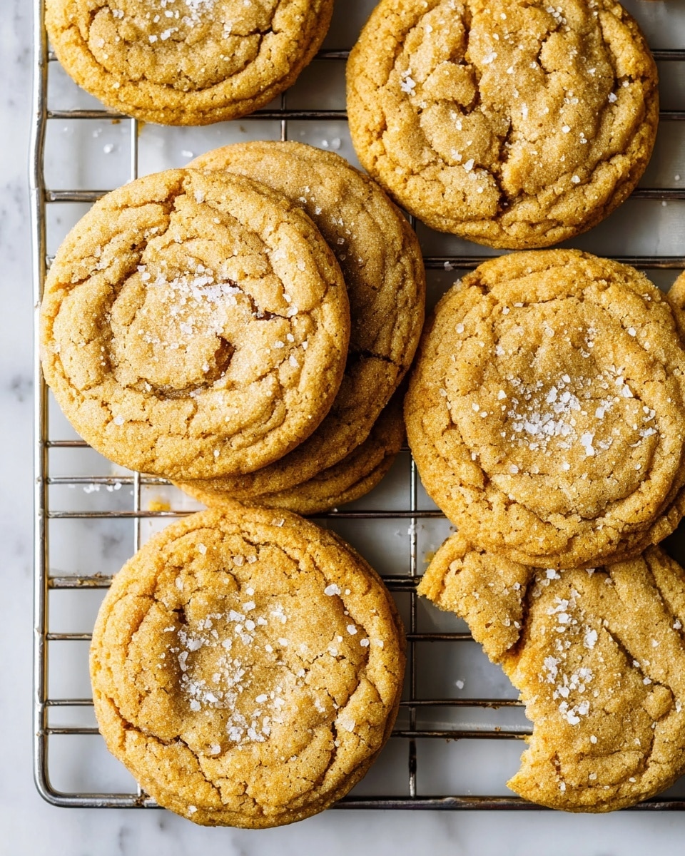 This image shows seven golden brown cookies with a slightly cracked texture on top, resting on a silver metal cooling rack that lies on a white marbled surface. The cookies are round and roughly the same size, with sugar crystals sprinkled on top for a slight sparkle. One cookie has a small bite taken out of it, showing a soft inner texture. The cookies are close to each other but not touching, filling most of the frame. Photo taken with an iphone --ar 4:5 --v 7