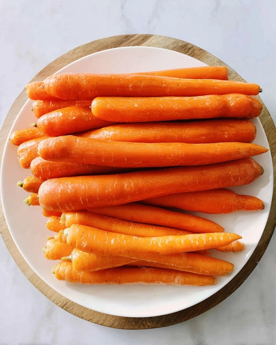 A white plate holds a pile of fresh whole carrots without tops, arranged in two layers; the top layer shows thick, bright orange carrots with smooth, slightly shiny skin and small root hairs, while the bottom layer has thinner carrots with a more matte, rough texture, all resting on a round wooden board placed on a white marbled surface photo taken with an iphone --ar 4:5 --v 7