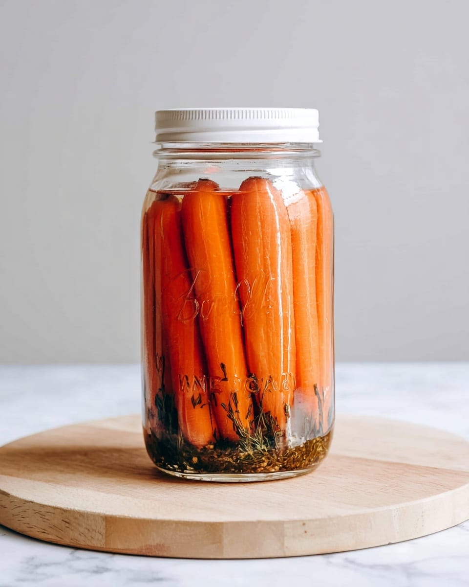 A clear glass jar filled with whole, bright orange carrots standing upright, tightly packed inside; the jar is sealed with a white lid and shows some dark herbs or spices floating near the top and bottom layers around the carrots. The jar sits on a round wooden board placed on a white marbled surface, with a plain light gray background. photo taken with an iphone --ar 4:5 --v 7
