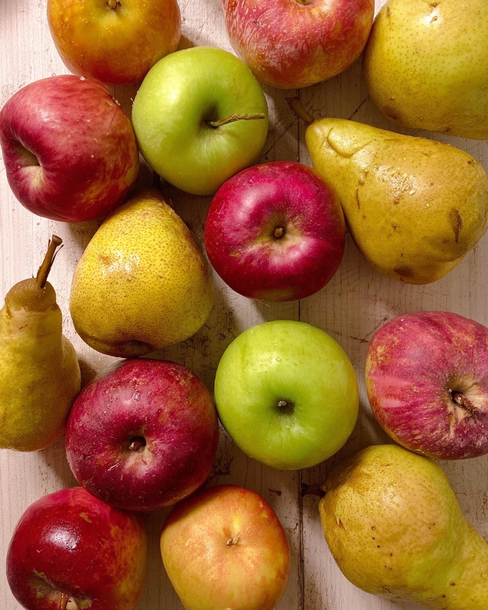 A collection of fresh apples and pears spread out on a pale wooden surface, with the apples showing different shades of red and green, smooth and slightly shiny textures, and the pears in yellow and light brown tones, some with small dark spots and rough skins, arranged loosely with no particular order, all fruits close to each other but not stacked, natural lighting casting soft shadows, photo taken with an iphone --ar 4:5 --v 7