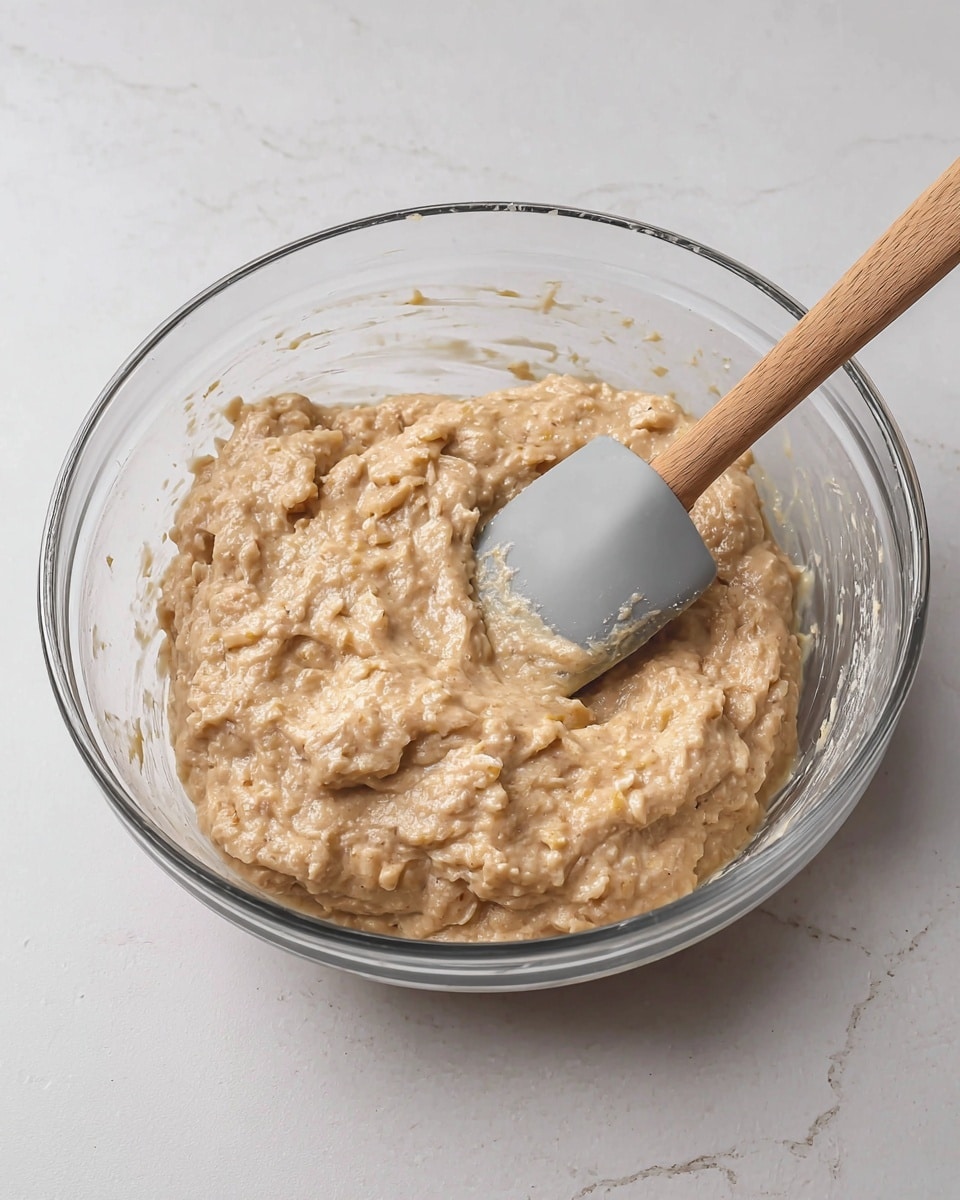 A clear glass bowl filled with light brown batter that has a thick, slightly lumpy texture with small visible pieces of banana. A spatula with a light gray silicone head and wooden handle rests in the bowl, partially covered in the batter. The bowl is placed on a white marbled surface, giving a clean and simple look to the setting. photo taken with an iphone --ar 4:5 --v 7