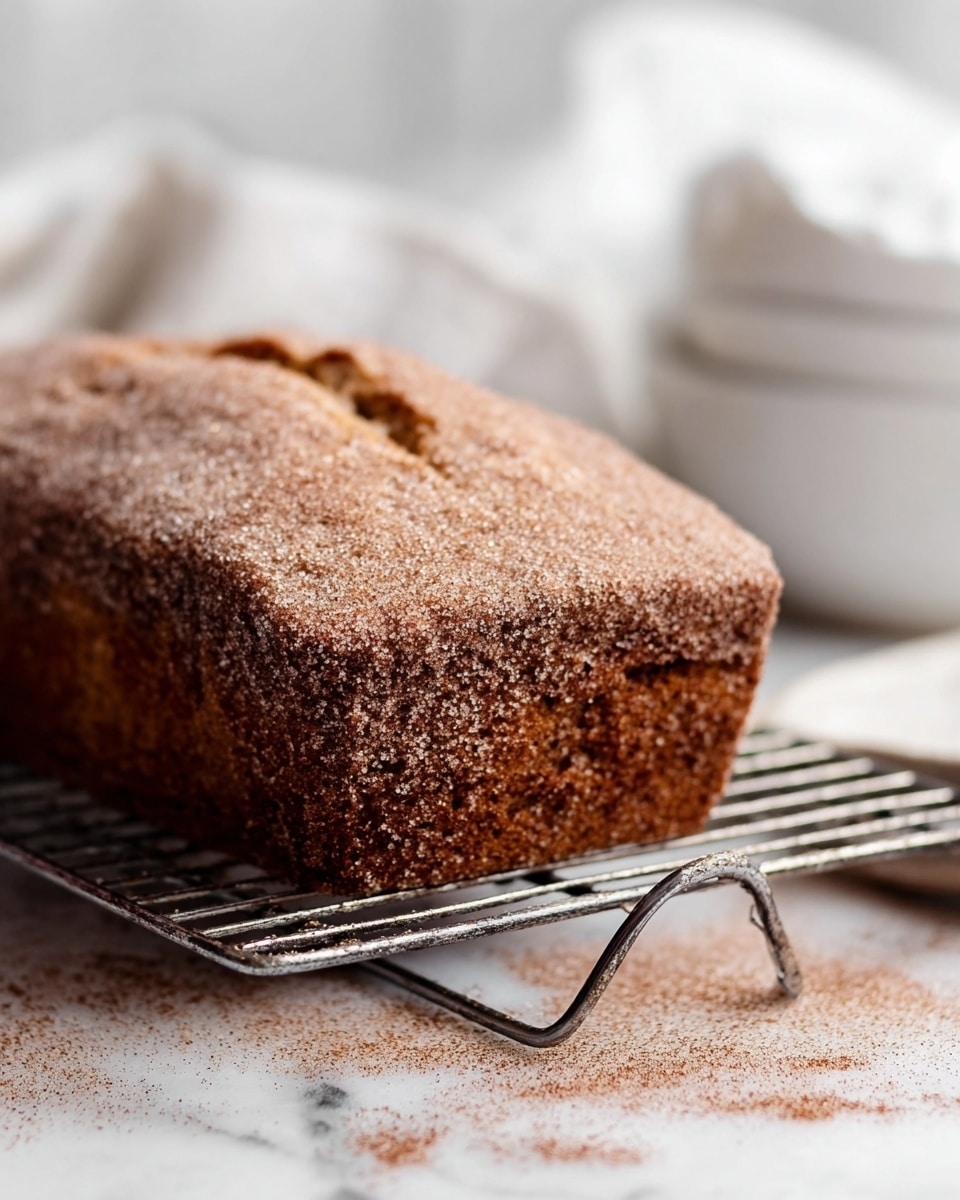 A close-up view of a rectangular loaf cake with a rough, textured crust covered in a layer of cinnamon sugar. The cake is placed on a metal cooling rack with a double handle, resting on a white marbled surface that has some scattered cinnamon sugar around it. In the background, out of focus, there is a white bowl and a white cloth. The overall colors are warm browns and whites, emphasizing the cinnamon sugar coating. photo taken with an iphone --ar 4:5 --v 7
