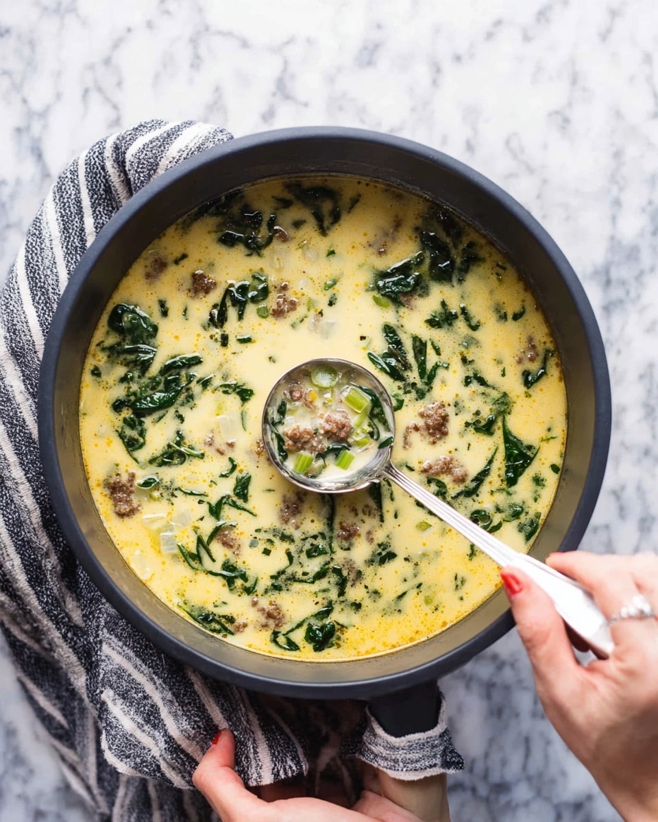 A large dark pot filled with a creamy soup that has three main layers: a light yellow creamy broth, dark green spinach leaves scattered throughout, and small pieces of browned sausage and light green diced vegetables mixed inside. A woman’s hand holds the pot with a striped towel, while another woman’s hand uses a silver ladle to scoop some soup, showing the creamy, textured ingredients clearly. The background is a white marbled surface. photo taken with an iphone --ar 4:5 --v 7
