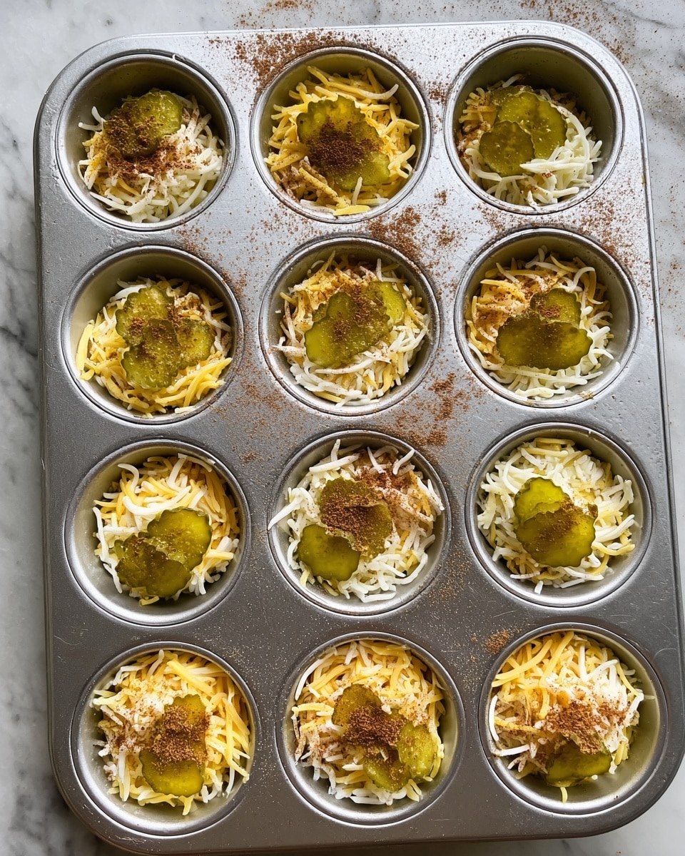 This image shows a silver muffin pan with twelve cups, each filled with layers of shredded yellow and white cheese at the bottom. On top of the cheese in some cups are thin, green pickle slices arranged in small stacks, sprinkled with a brown spice powder. The muffin pan is placed on a white marbled surface, and some spice powder is scattered around the cups. The overall look is of a layered, savory preparation before baking. Photo taken with an iphone --ar 4:5 --v 7