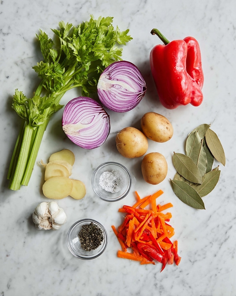 On a white marbled surface, various fresh ingredients are spread out in a loosely circular arrangement. At the top center, two halves of a purple onion display their layered, smooth interior. To the right, a whole bright red bell pepper sits solid and shiny. Below the pepper, two small round potatoes with light brown skin rest beside peeled potato slices, showing a pale, smooth texture. Near the bottom right, three dried bay leaves stack with their matte greenish-brown surface. Moving leftward, thin, shredded orange carrot strips fan out above a whole carrot with its stem end facing up. Two small glass bowls near the bottom contain coarse black pepper and salt. Next to the pepper bowl, bright red bell pepper pieces add more color, while to the far left, a bunch of fresh green celery stalks with leafy tops provide a leafy texture. Cloves of garlic, peeled and whole, are placed near the onion. The whole scene is clean, simple, and fresh. Photo taken with an iphone --ar 4:5 --v 7