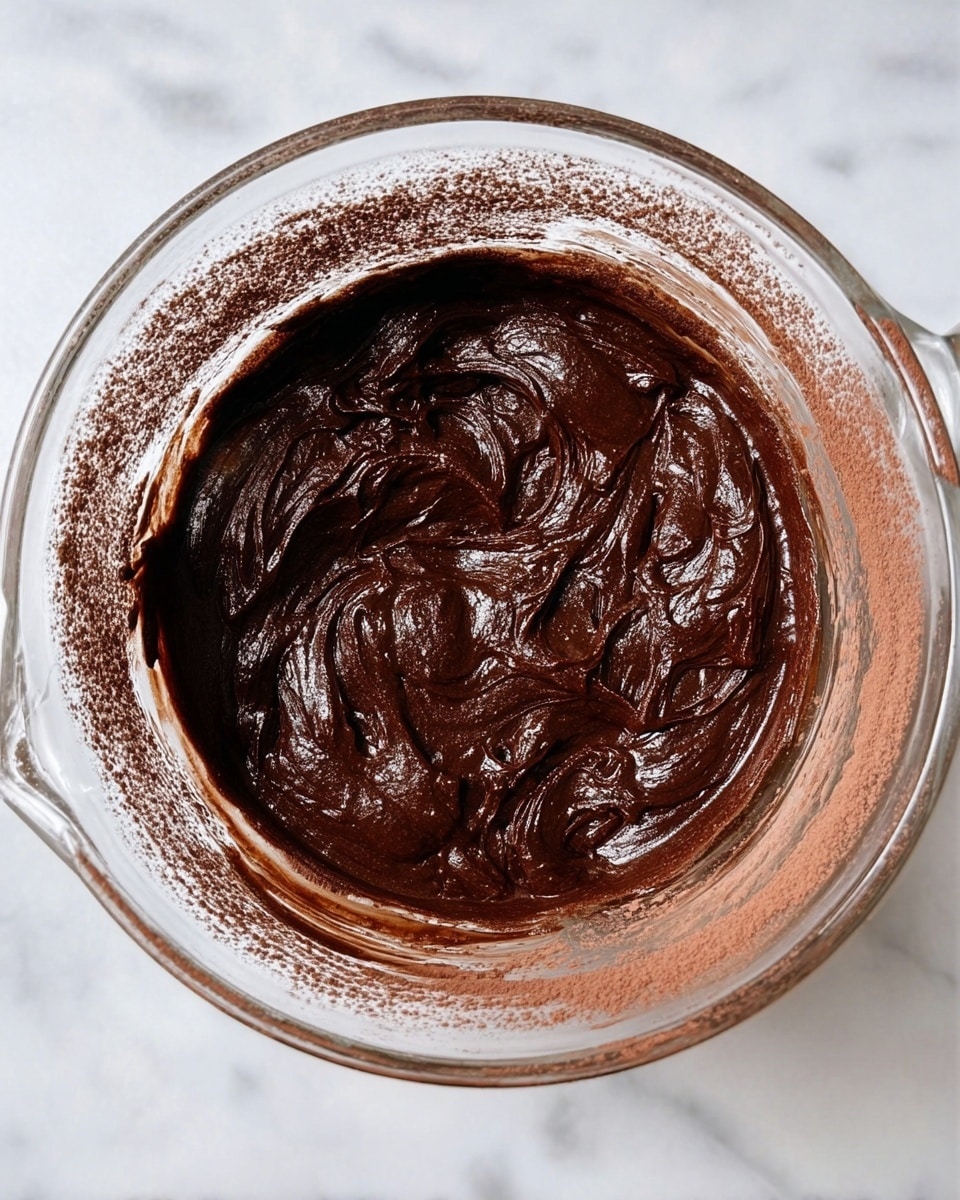 A clear glass bowl shown from above holds thick, dark brown chocolate batter with a glossy surface and swirled texture, some cocoa powder lightly dusted on top and along the inner sides of the bowl. The bowl rests on a white marbled surface, and the batter looks rich and creamy with soft peaks and folds. Photo taken with an iphone --ar 4:5 --v 7