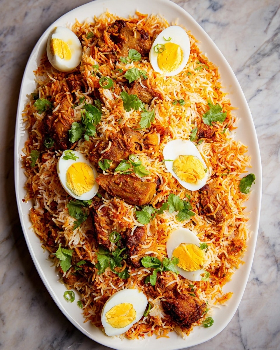 A large white oval plate is filled with a layered dish of fluffy long-grain rice mixed with reddish-orange spices and pieces of cooked meat, giving it a rich, textured look. The rice layers show grains tinged with white and yellow hues throughout. Large chunks of meat are nestled within the rice. Halved boiled eggs with bright yellow yolks and white edges are placed around the rice mound, along with scattered green leaves of fresh cilantro on top for a pop of color. The plate sits on a white marbled surface. Photo taken with an iphone --ar 4:5 --v 7