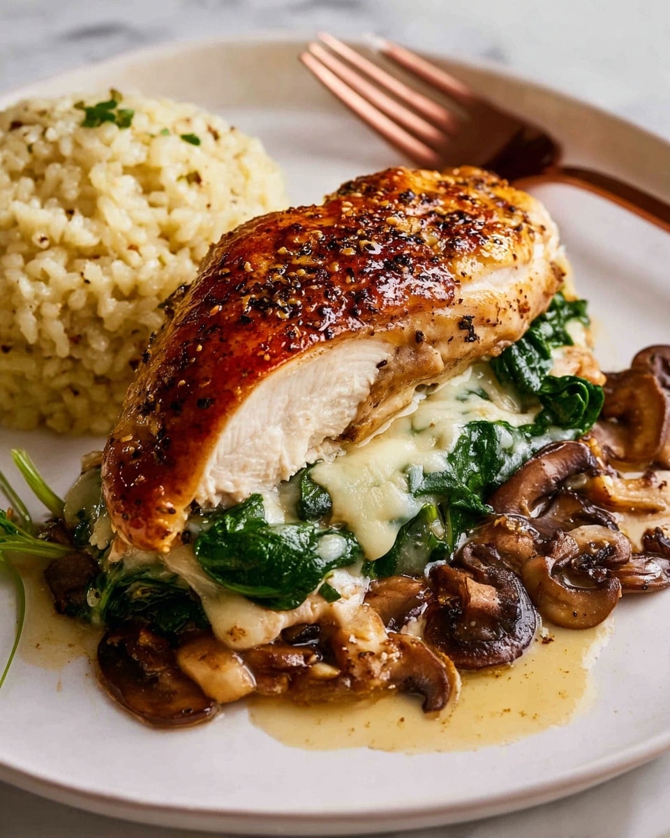 The dish shows one thick piece of cooked chicken on a white plate with three main layers inside: a bottom layer of browned mushrooms, a middle layer of melted white cheese, and a top layer of cooked green spinach leaves. On the side, there is a mound of creamy, pale yellow risotto with visible grain texture. The plate sits on a white marbled surface, and a copper-colored fork is placed near the top edge of the plate. The chicken skin looks golden and slightly crispy with some black pepper seasoning photo taken with an iphone --ar 4:5 --v 7
