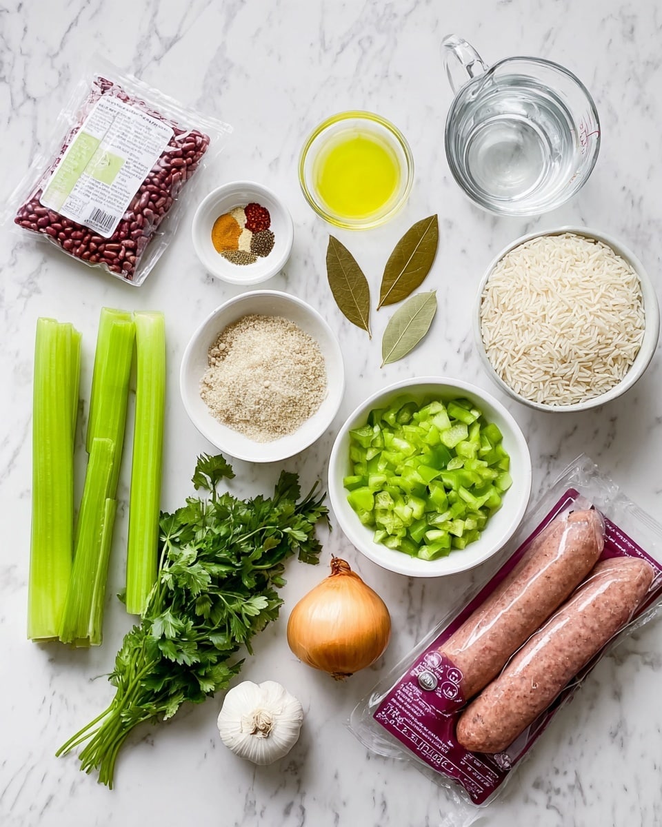 The image shows ingredients laid out on a white marbled surface, including three green celery sticks on the left, a bunch of green parsley below them, and a small white bowl of various spices next to two bay leaves. Above the spices is a small glass bowl with a yellow liquid, possibly oil. To the right is a white bowl filled with chopped green bell pepper, and below that is a white bowl filled with uncooked white rice. Near the center is a clear glass measuring cup with water. On the right side, there is a whole yellow onion, a whole garlic bulb, several green onions, and a package of Andouille smoked sausage in maroon and purple wrapping. In the upper left corner, there is a clear package of small red beans. photo taken with an iphone --ar 4:5 --v 7