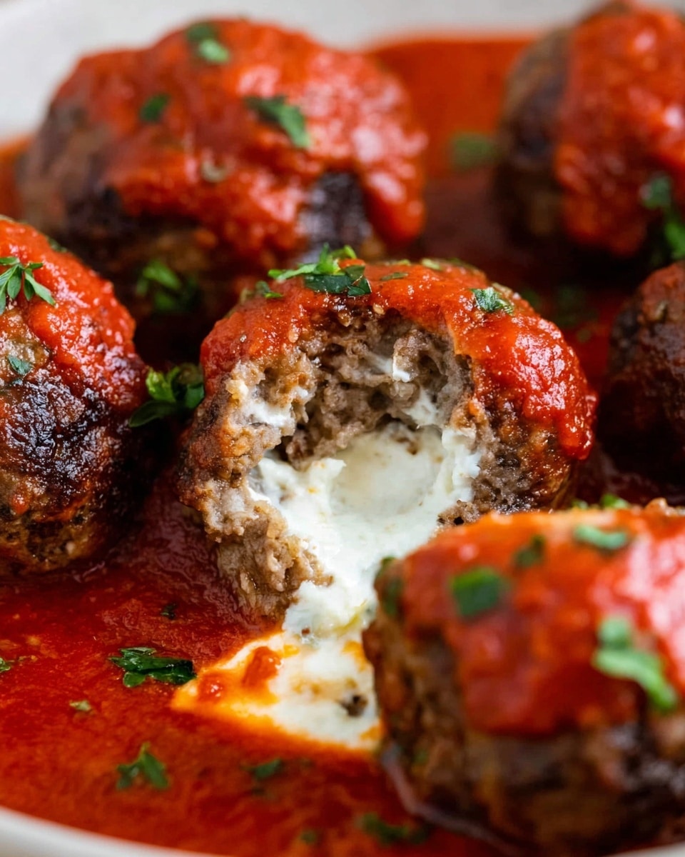 The image shows several round meatballs with a brown, cooked texture, covered partly with bright red tomato sauce that looks thick and slightly chunky. One meatball at the center is cut open, revealing a creamy white cheese inside that looks soft and smooth. Small green parsley bits are sprinkled over the meatballs and sauce, adding a touch of freshness. The dish is set on a white marbled surface with a close-up view to highlight the juicy texture of the meatballs and the rich sauce. photo taken with an iphone --ar 4:5 --v 7