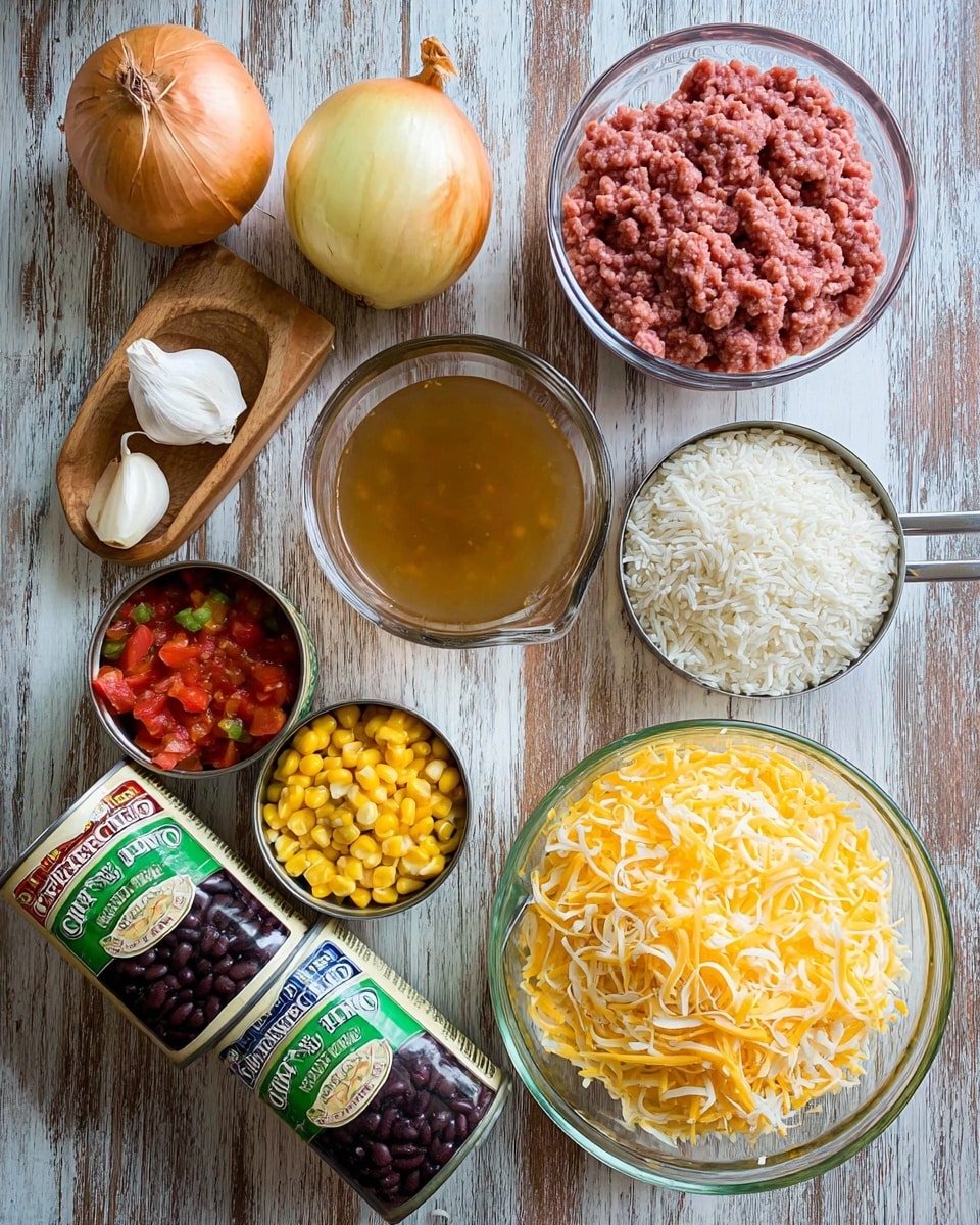 The image shows several cooking ingredients arranged neatly on a wooden surface textured with white marble. In the center-right, there is a clear glass bowl filled with shredded yellow and white cheese. To the top right, another clear glass bowl contains ground meat with a pink and red texture. Below the meat bowl, there are three cans lined up: one with diced tomatoes and green chilies showing bright red and green colors, another with whole yellow corn kernels, and the last one with black beans displayed on a white can. Above the cans, a whole yellow onion sits next to two peeled garlic cloves and a small wooden bowl of white salt. A measuring cup filled with light brown broth or stock is positioned near the cheese bowl, and next to it is a metal measuring cup filled with uncooked white rice. Near the onion, there is a container of taco seasoning with a light brown color. The whole scene is lit naturally and is ready for cooking. photo taken with an iphone --ar 4:5 --v 7
