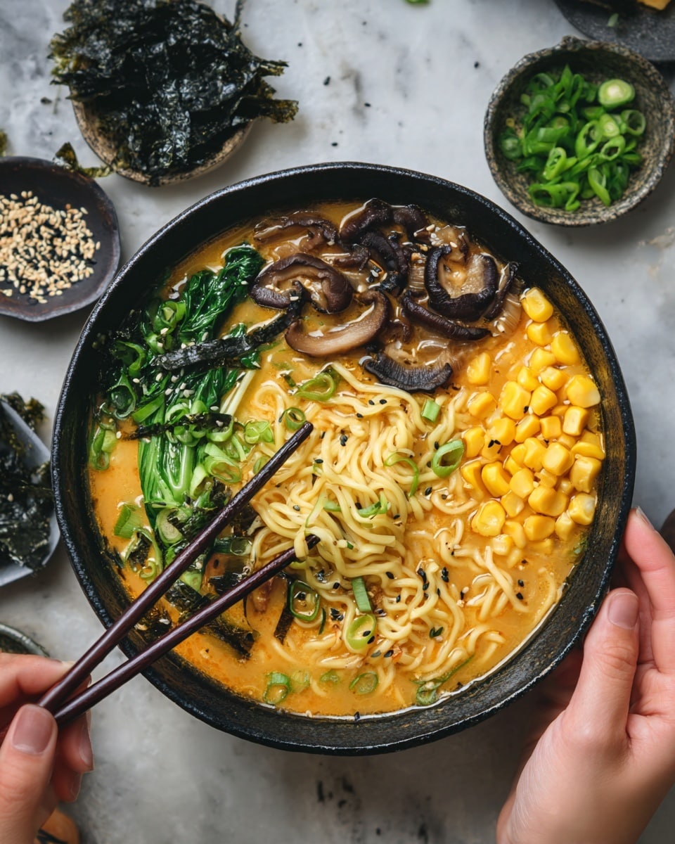 A black bowl filled with a rich, creamy orange broth holds curly light yellow noodles in the center. To the top right, there are thick, dark brown mushroom slices, and next to them, bright yellow corn kernels. At the top left, fresh green leafy vegetables add a vibrant touch, with more green onion slices sprinkled throughout the soup. A pair of dark wooden chopsticks is picking up noodles from the bottom left, held by a woman's hand, while another woman's hand holds the bowl on the right. The scene is set on a white marbled surface with small dishes of chopped green onions, seaweed sheets, and black and white sesame seeds around the bowl. Photo taken with an iphone --ar 4:5 --v 7