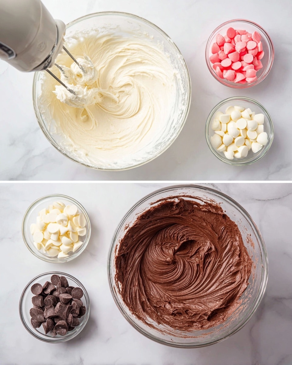 The image shows two glass bowls on a white marbled surface. On the left, a bowl of smooth, creamy white batter is being mixed with a handheld electric mixer, with swirled patterns in the batter. Above it, two smaller glass bowls contain white and pink candy melts. To the right, another glass bowl holds a rich, thick chocolate mixture with swirled texture. Surrounding this bowl are three smaller bowls, filled with dark brown chocolate disks, white chocolate disks, and pink candy melts, all placed neatly on the white marbled surface. photo taken with an iphone --ar 4:5 --v 7
