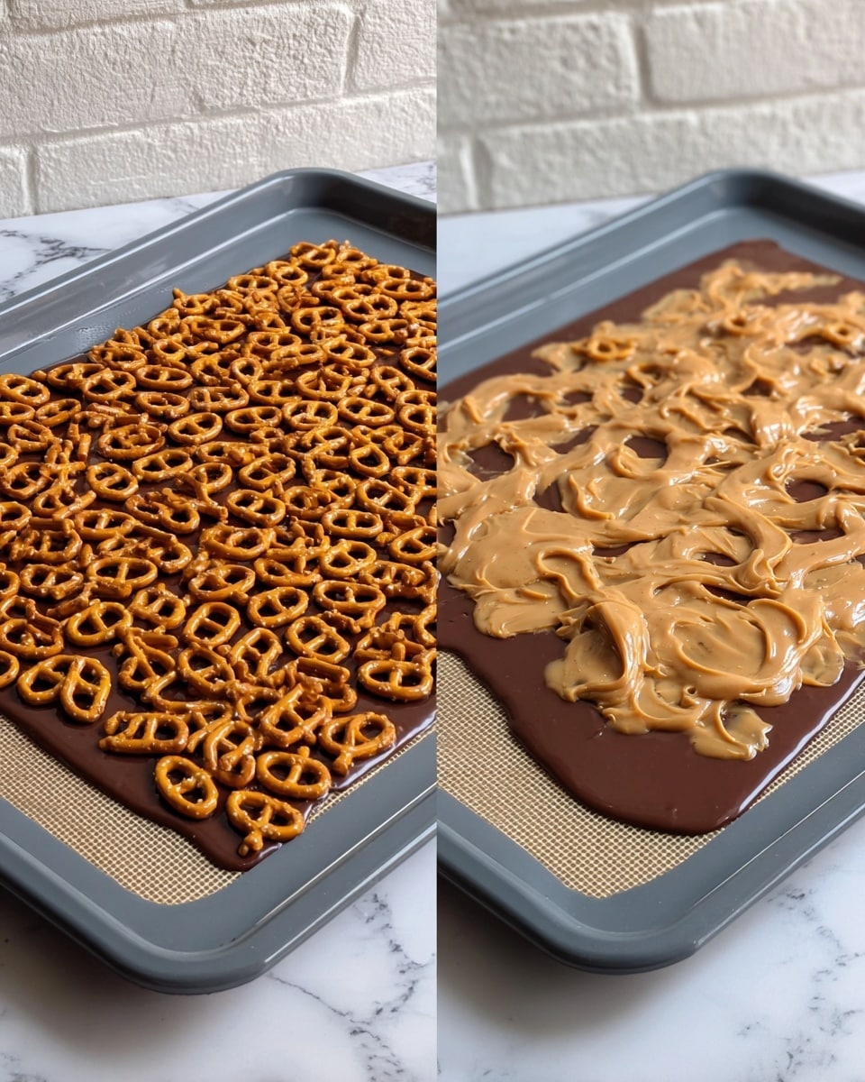 The image shows two stages of a snack on a gray baking tray lined with a silicone mat, placed on a white marbled surface with a textured white brick wall in the background. On the left side, there is a single layer of small, golden-brown pretzels spread evenly over a smooth layer of dark melted chocolate. On the right side, the same pretzel and chocolate layer is partially covered with an uneven layer of glossy melted peanut butter, which is a light tan color and has a creamy texture, sitting on top and partially filling the gaps between the pretzels. Photo taken with an iphone --ar 4:5 --v 7