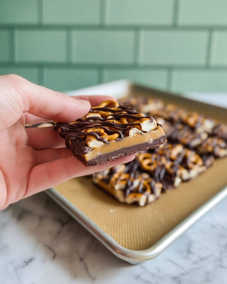 A woman's hand holds a small square piece of a snack with three visible layers: the bottom layer is a dark chocolate base with a smooth texture, the middle layer consists of light brown caramel mixed with small pretzel pieces that add a crunchy texture, and the top layer is dark chocolate drizzled in thin lines over the caramel and pretzels. In the background, more pieces of the snack lie on a baking tray lined with a beige baking mat, all placed on a white marbled surface with a blurred light green brick wall behind. photo taken with an iphone --ar 4:5 --v 7