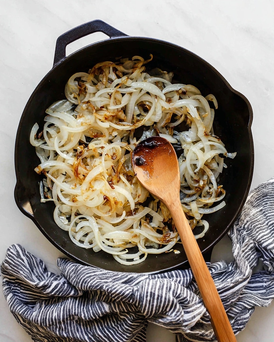 A black skillet filled with roughly two layers of thinly sliced onions cooking, showing a mix of translucent white and light golden brown colors with some pieces slightly caramelized. A wooden spoon with a smooth texture is resting in the pan, partially stirring the onions. The skillet's handle is wrapped with a black and white striped cloth. The background has a white marbled texture. photo taken with an iphone --ar 4:5 --v 7