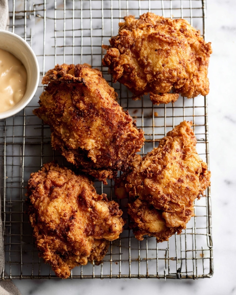 The image shows four pieces of golden brown fried chicken with a rough, crispy texture resting on a metal cooling rack placed on a white marbled surface. The fried chicken pieces are irregular in shape with crunchy, uneven edges and a mix of lighter and darker browned spots, giving a visually rich texture. In the top left corner, part of a small white bowl containing light creamy sauce is visible. The overall setting is simple and clean with focus on the fried chicken details. Photo taken with an iphone --ar 4:5 --v 7