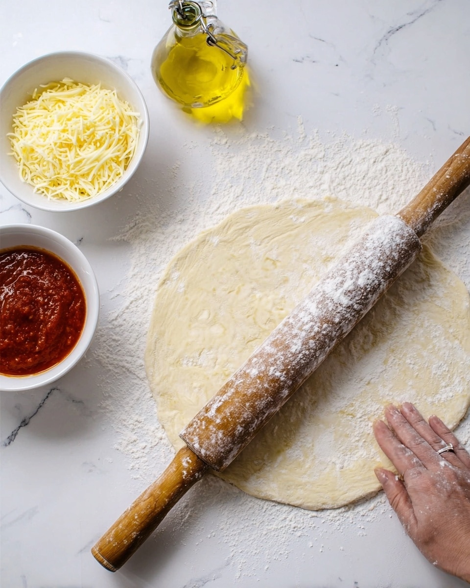 A round, flattened dough circle dusted with flour sits on a white marbled surface, with a wooden rolling pin, covered in flour, rolling over the dough from the right side. To the left, three white bowls are visible: the top one filled with shredded cheese, the middle one with red tomato sauce, and a glass bottle of yellow olive oil behind them. A woman's hand is gently pressing the rolling pin down on the dough, which appears soft and lightly textured. Photo taken with an iphone --ar 4:5 --v 7