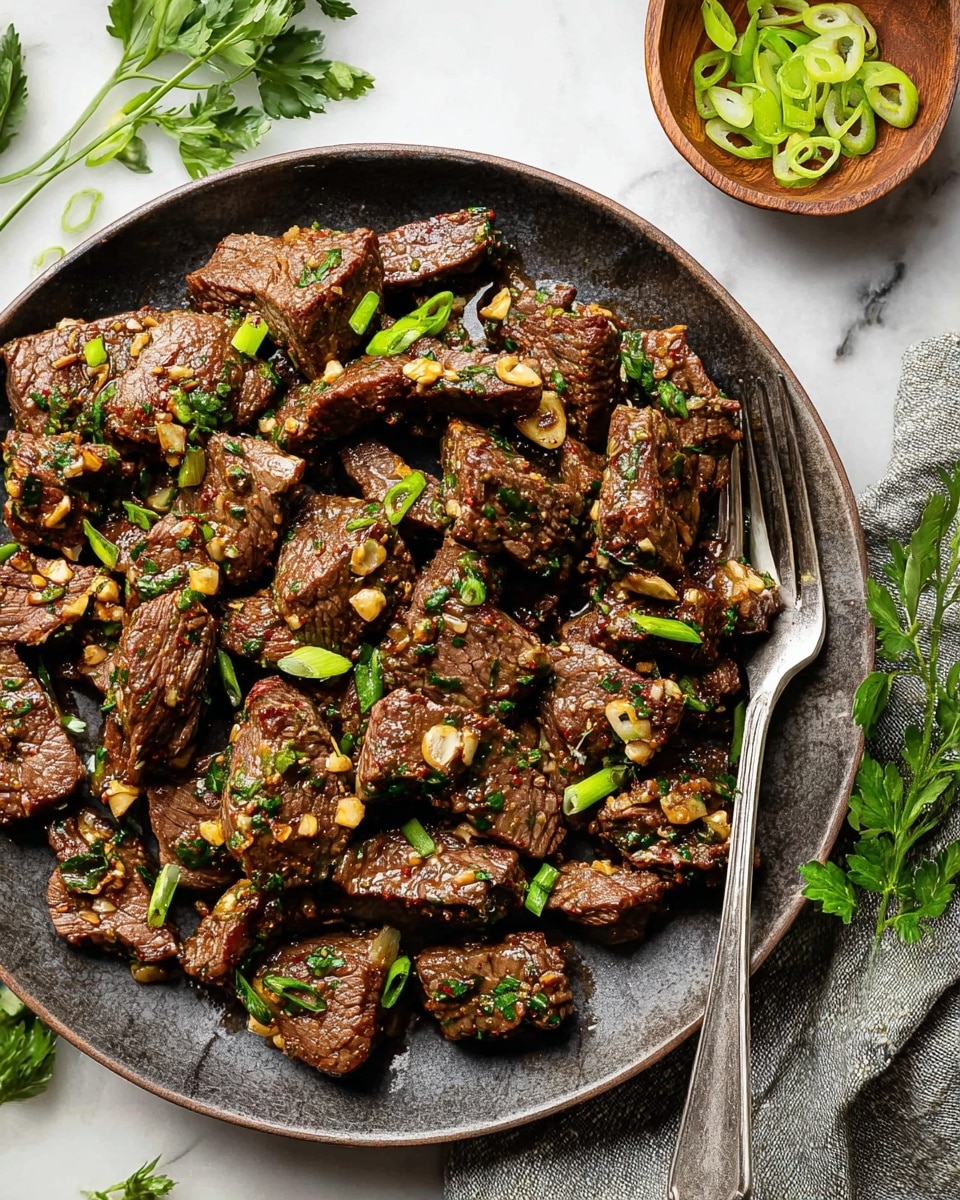 The image shows a round, dark plate filled with multiple pieces of cooked beef that are brown with a slight char. The beef pieces are coated with small bits of garlic and chopped green herbs, giving a fresh, textured look. Thinly sliced green onions are scattered on top, adding bright green color. There is a shiny oil glaze coating the beef, making it look moist and flavorful. A silver fork rests on the plate's edge, and sprigs of fresh parsley and a wooden bowl with more green onion slices are placed nearby on a white marbled surface. photo taken with an iphone --ar 4:5 --v 7