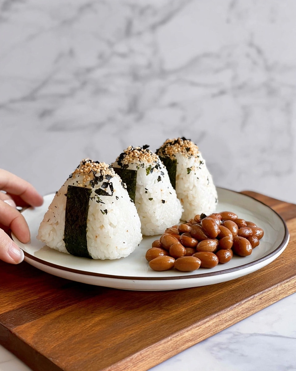 The image shows three triangle-shaped rice balls placed in a row on a white plate with a thin dark rim. Each rice ball has a strip of dark green seaweed wrapped around the bottom center and is lightly sprinkled with black flakes on top, giving a speckled look. To the right of the rice balls, there is a small pile of shiny, brown cooked beans or nuts adding a rich texture contrast. The plate sits on a wooden board with a white marbled background behind it. A woman's hand is gently holding the edge of the plate. photo taken with an iphone --ar 4:5 --v 7