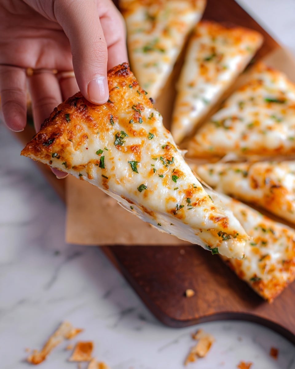 The image shows a close-up of a woman's hand pulling apart a slice of cheese pizza. The pizza slice has one main layer with melted golden brown cheese sprinkled with small green herbs on a thin crust that has a slightly crispy edge. The melted cheese stretches as the slice is pulled. In the background, more triangle-shaped pizza slices with similar melted cheese and herbs are arranged on a wooden board resting on a white marbled surface. Some pizza crumbs are scattered around the board. Photo taken with an iphone --ar 4:5 --v 7