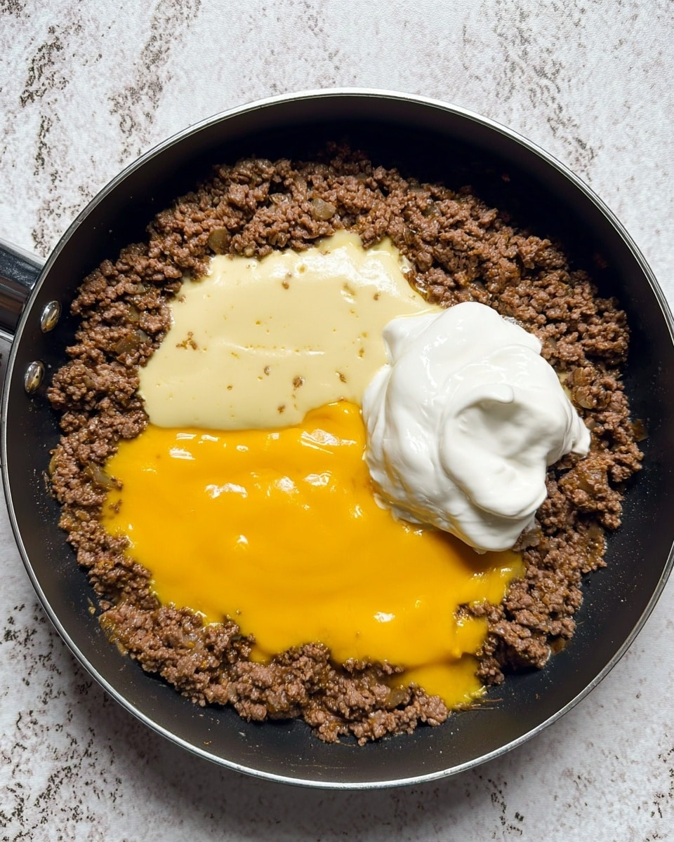 In a round black pan, there is a thick layer of cooked ground beef, brown with small bits of onion visible. On top of the beef, in the center, there are three layers: a pale yellow creamy layer closest to the beef, a bright yellow sauce layer above that, and a dollop of thick white sour cream on the right side of the yellow sauce. The pan sits on a white marbled surface photo taken with an iphone --ar 4:5 --v 7