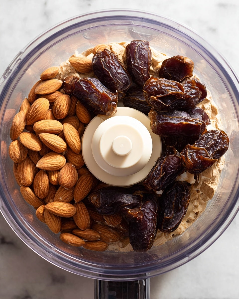 Inside a clear food processor bowl, there is a layer of whole light brown almonds at the bottom, topped with a scattered layer of halved dark brown dates with sticky textures showing their soft insides. The white plastic blade holder is centered above the ingredients. The whole setup sits on a white marbled surface. Photo taken with an iphone --ar 4:5 --v 7