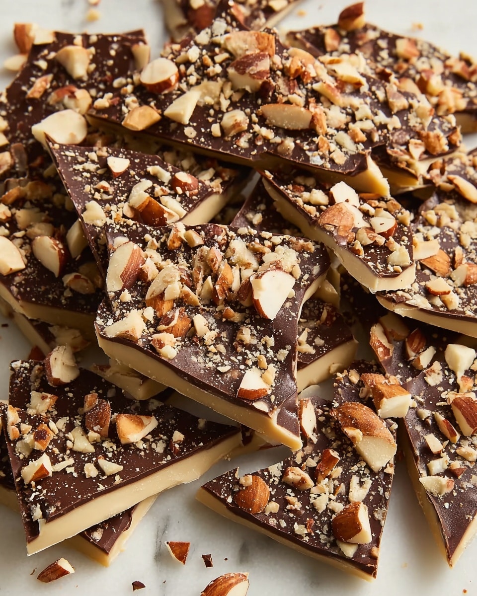 The image shows many pieces of chocolate bark scattered on a white marbled surface. Each piece has two clear layers: the bottom layer is light beige and smooth, while the top layer is dark brown chocolate. On top of the dark chocolate layer, there are many chopped nuts, mostly almonds, spread evenly with rough textures. The pieces are irregular in size and shape, stacked slightly on each other, creating a rich, crunchy, and sweet look. photo taken with an iphone --ar 4:5 --v 7