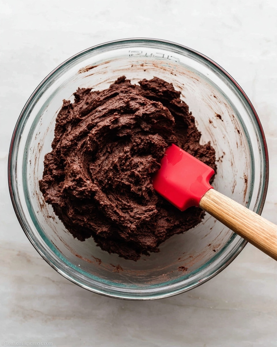 A clear glass bowl filled with dark brown, thick, and textured chocolate dough sits on a white marbled surface. The dough looks dense with a rough yet creamy texture, gathered in a mound in the center of the bowl. A red silicone spatula with a wooden handle is partially pressed into the dough, angled on the right side. The bowl has measurement markings on the inside, adding a touch of kitchen detail. photo taken with an iphone --ar 4:5 --v 7