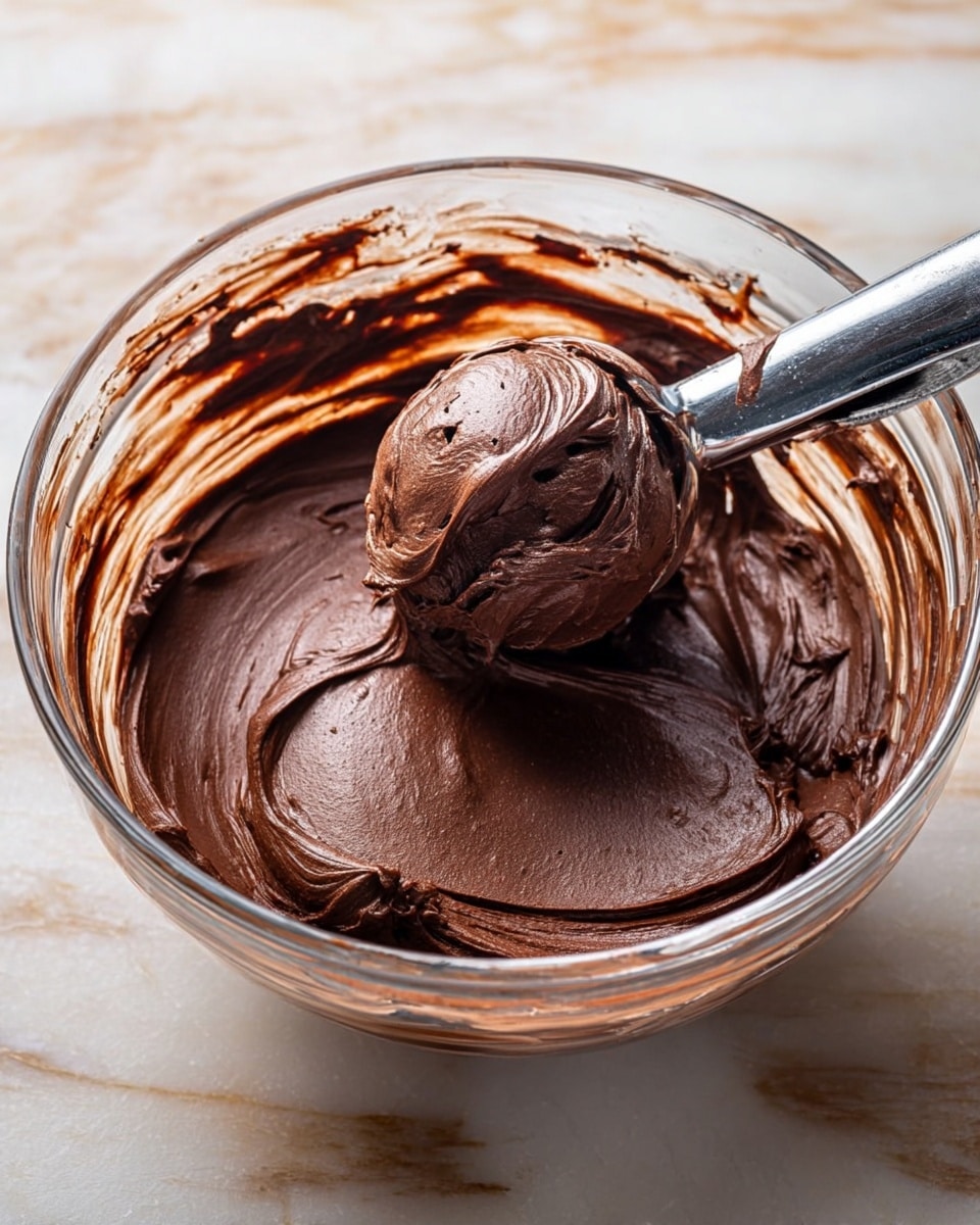 A clear glass bowl sits on a white marbled surface, filled with one thick, smooth layer of dark chocolate frosting with a shiny texture. A metal ice cream scoop holds a rounded scoop of the rich frosting above the bowl, showing its dense and creamy consistency. The inside sides of the bowl are streaked with darker and lighter swirls of chocolate from where the frosting was mixed and scooped. Photo taken with an iphone --ar 4:5 --v 7