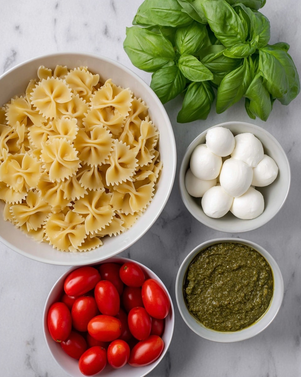 The image shows five separate parts arranged on a white marbled surface: a large white bowl filled with light yellow bow-tie pasta, a bunch of fresh green basil leaves to the top right, a small white bowl with smooth white mozzarella balls below the basil, a small white bowl of green pesto sauce with a thick texture at the bottom right, and a smaller white bowl full of bright red cherry tomatoes to the bottom left. The bowls and basil form a loose circle around the large pasta bowl. Photo taken with an iphone --ar 4:5 --v 7