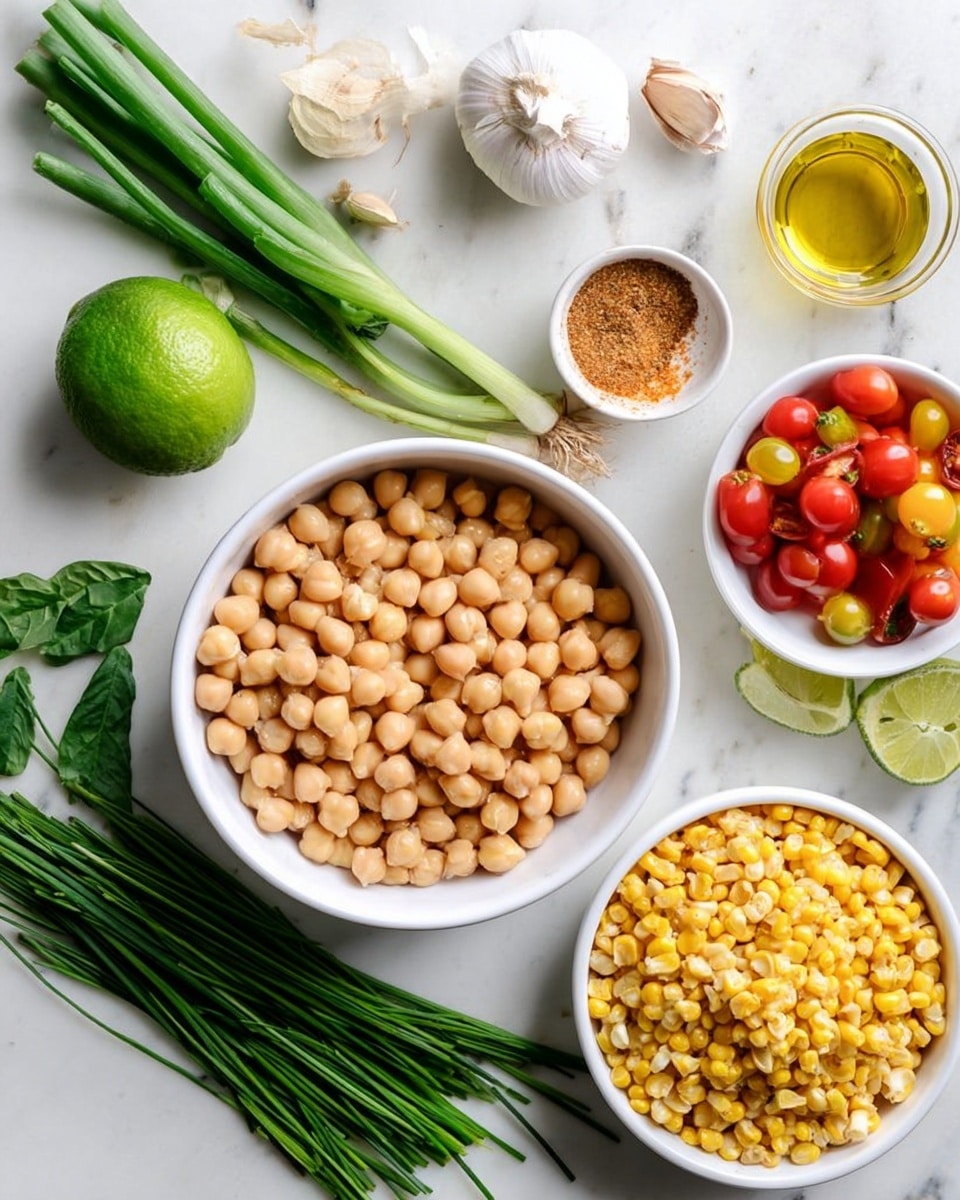 The image shows a white bowl filled with round, beige chickpeas placed near the center on a white marbled surface. Around the bowl are various fresh ingredients: a bunch of bright green spring onions to the top left, two whole limes with shiny green skin near the bottom center, a small bunch of dark green spinach leaves at the bottom left, and fresh green chives spread out near the bottom center. To the right, there is a white bowl filled with golden roasted corn kernels and a small white bowl with halved bright red cherry tomatoes sprinkled with some seasoning. There is also a small cup of golden honey and a small container with light green olive oil. Several garlic bulbs and cloves are scattered slightly above the chickpeas and center of the image. The whole setting is on a clean, white marbled background. Photo taken with an iphone --ar 4:5 --v 7