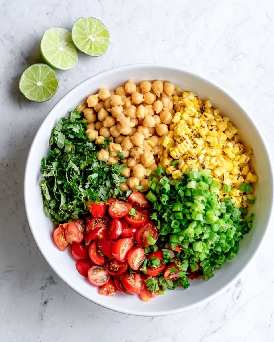 A white bowl is filled with six distinct layers arranged in sections. Starting from the top left, there are light beige chickpeas next to dark green chopped basil, and golden yellow charred corn to the right. At the bottom right, there is a pile of dark green chopped chives mixed with halved red cherry tomatoes. On the bottom left, there are bright green chopped green onions. The bowl sits on a white marbled surface with two squeezed halves of a lime nearby. The arrangement is colorful and fresh, with each section showing the texture and shape of its ingredients clearly. photo taken with an iphone --ar 4:5 --v 7