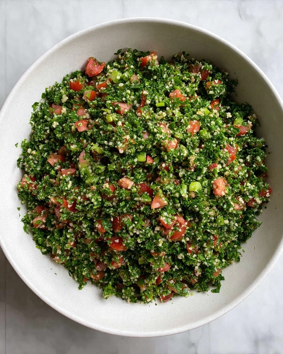 A large white bowl sitting on a white marbled surface holds a finely chopped salad made mostly of bright green parsley. Mixed throughout the green parsley are small, evenly cut pieces of red tomatoes and tiny grains of light beige bulgur. The texture looks fresh and fine, with a mix of leafy greens and juicy tomatoes spread evenly across the bowl. Photo taken with an iphone --ar 4:5 --v 7
