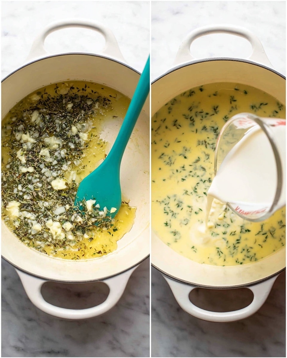 The image shows two side-by-side photos of a large white pot on a white marbled surface. On the left side, there is a mixture of melted butter, chopped garlic, and green herbs being stirred with a teal spatula inside the pot. The mixture looks oily and has small pieces spread evenly. On the right side, the same pot contains a creamy yellow sauce speckled with the green herbs from before, and a clear measuring cup is pouring white milk into the sauce, creating a light swirl of white mixing with the yellow and green. photo taken with an iphone --ar 4:5 --v 7