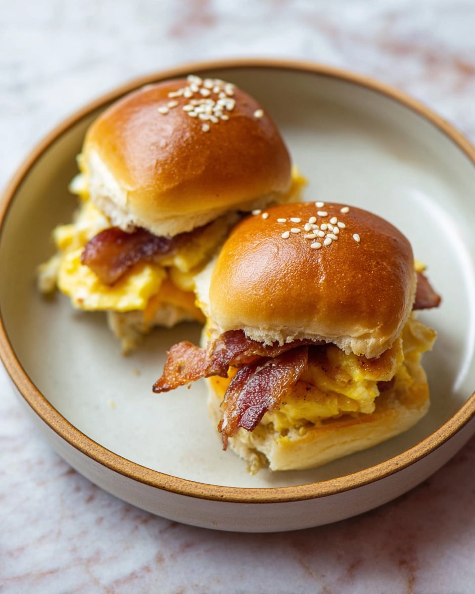 Two small sandwich sliders sit inside a white bowl, each slider made with two soft, shiny, brown buns topped with white sesame seeds. The bottom bun holds a thick layer of yellow scrambled eggs that look slightly creamy and fluffy. On top of the eggs, there is a strip of crispy bacon with a deep reddish-brown color. The bowl rests on a white marbled surface. photo taken with an iphone --ar 4:5 --v 7