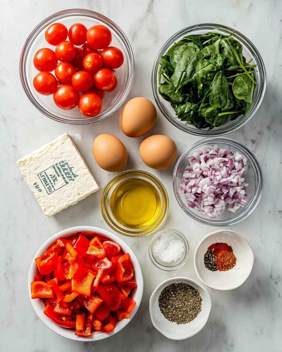 A white marbled surface holds several clear glass and white bowls arranged neatly with fresh ingredients. In the top left, a clear glass bowl is filled with bright red whole cherry tomatoes. To the right, four brown eggs are placed directly on the surface. Below the tomatoes, another clear glass bowl contains fresh green spinach leaves, while to its right, a small clear bowl holds golden olive oil. Next to the olive oil, a clear bowl is filled with chopped purple and white onions. A block of white feta cheese with a blue label sits to the left near the spinach. At the bottom center, a large white bowl is full of evenly diced red bell peppers with a shiny texture. Near the bottom left, a small white dish displays a mix of dried herbs and spices, including black pepper, red flakes, and coarse salt. Above the spice bowl, there is a tiny clear bowl with minced garlic. Photo taken with an iphone --ar 4:5 --v 7