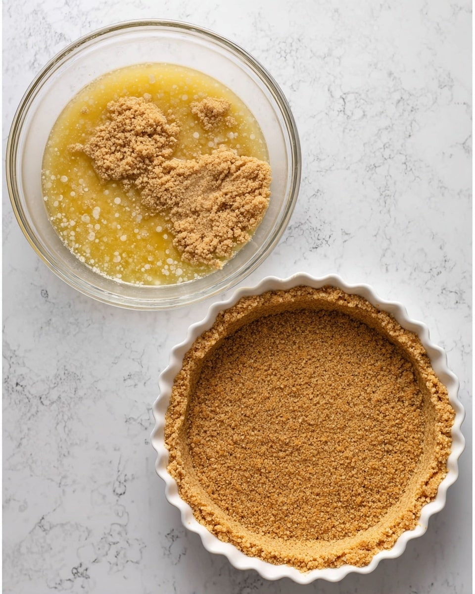 The image shows two stages of making a pie crust. On the left, a clear glass bowl holds a mixture with a bubbly yellowish melted butter base and three clumps of light brown crushed crumbs on top. On the right, a white pie dish with a fluted edge contains an evenly pressed golden brown crumb crust lining the bottom and sides, with a slightly coarse texture. The background is a white marbled surface. Photo taken with an iphone --ar 4:5 --v 7