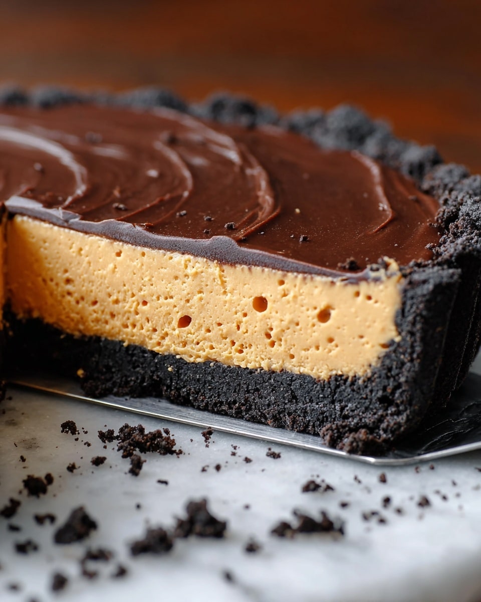 The image shows a close-up of a three-layer tart placed on a white marbled surface with a silver pie server underneath. The bottom crust layer is made of dark, crumbly chocolate cookie crumbs forming the base and edges of the tart. Above the crust is a thick middle layer of creamy, light orange peanut butter filling with a smooth texture and some small air holes visible. The top layer is a thick, glossy dark chocolate ganache, smooth with some faint fork marks across its surface. Loose dark cookie crumbs are scattered around the tart on the white marbled surface. Photo taken with an iphone --ar 4:5 --v 7