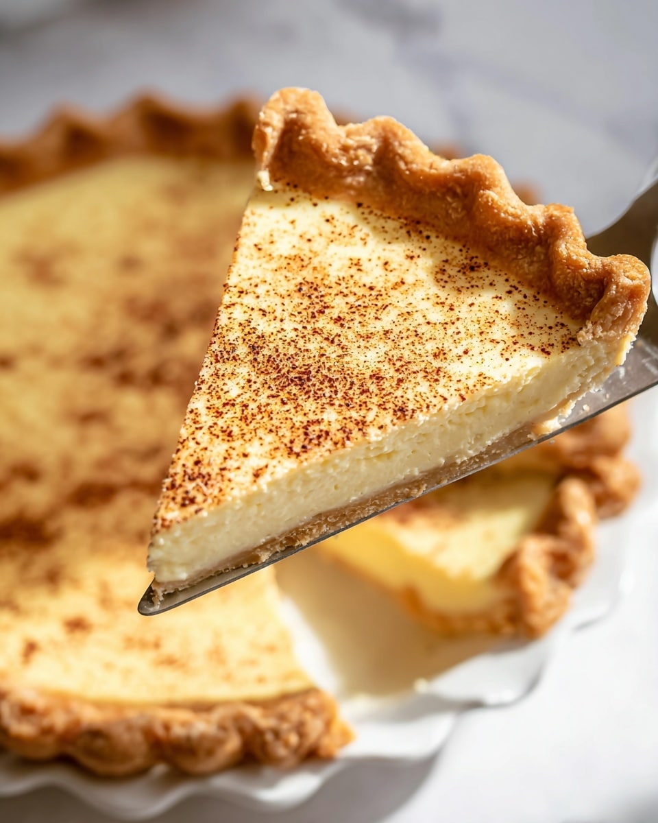 A slice of pie is held by a metal pie server above a white pie dish containing the rest of the pie. The pie slice has two visible layers: the bottom layer is a light golden brown crust with a crimped edge, thick and firm in texture, while the top layer is a smooth, creamy yellow filling speckled evenly with brown spice on the surface. The photo is taken in close-up with the pie in the background softly blurred, all set on a white marbled surface. Photo taken with an iphone --ar 4:5 --v 7