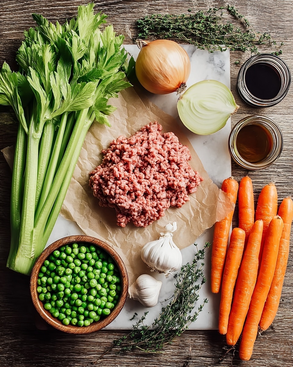 A spread of fresh ingredients lays on a white marbled surface, centered around a pile of raw ground meat on a piece of light brown parchment paper. To the left of the meat, there are bunches of green celery stalks with leafy tops, next to a small wooden bowl filled with bright green peas. Below the meat, two garlic bulbs sit whole with one peeled clove nearby. Above the meat, a whole yellow onion rests, while two small glass jars of dark sauces are placed to the right and slightly above the onion. A bunch of long, thin orange carrots is arranged to the right, lying on top of sprigs of fresh green thyme. The wooden surface beneath all items is visible but changed to a white marbled texture. Photo taken with an iphone --ar 4:5 --v 7