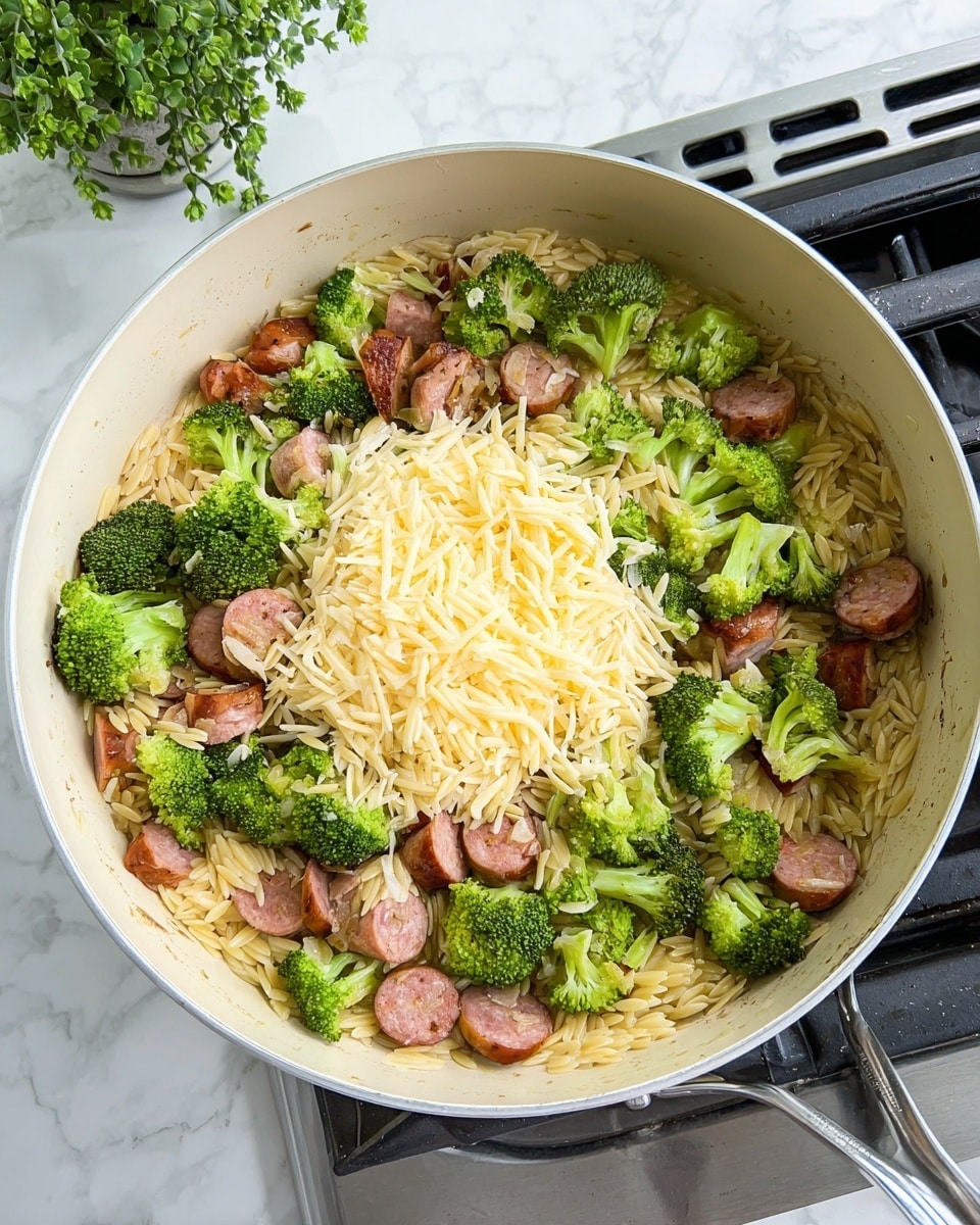 In a large white pan on a stove, there is a dish with three main layers: at the bottom, light golden cooked orzo pasta evenly spread; on top of the pasta, bright green broccoli florets and browned sausage slices scattered throughout, adding texture and color contrast; in the center, a pile of pale yellow shredded cheese rests on top without melting yet. The setting shows a white marbled surface with a small green plant on the side. photo taken with an iphone --ar 4:5 --v 7