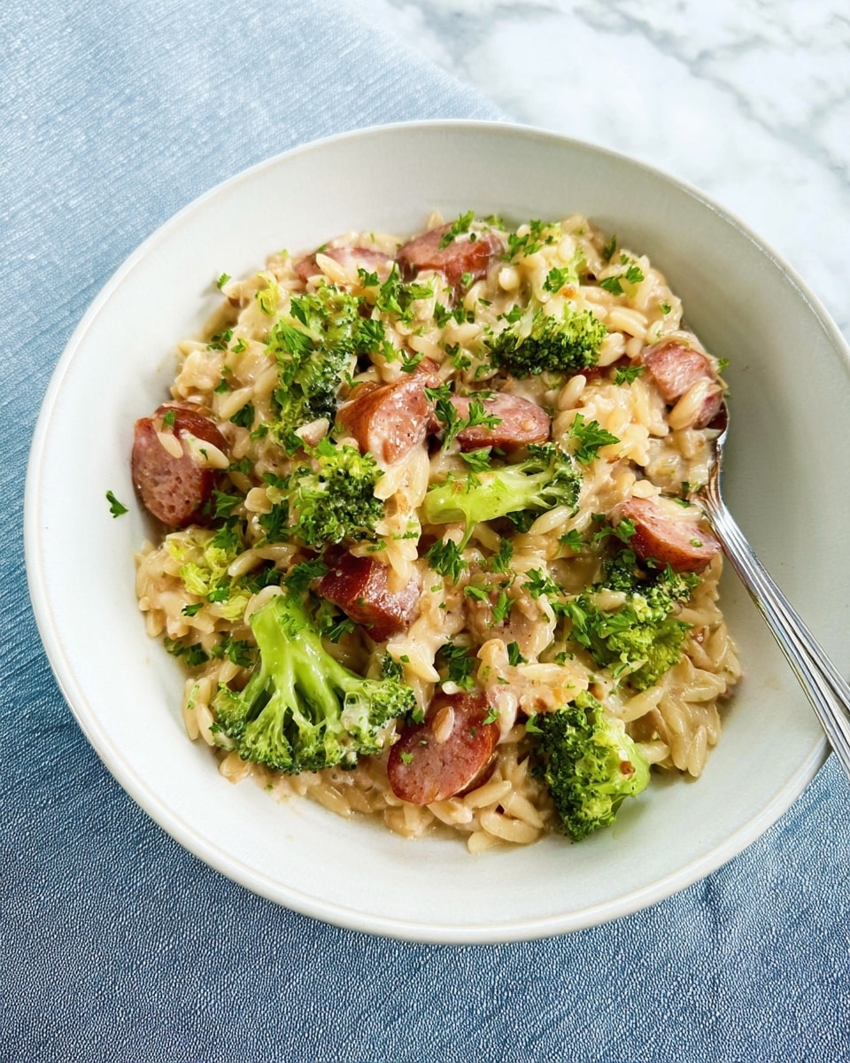 A white bowl holds a creamy pasta dish with three main layers: the bottom layer is light golden small pasta pieces shaped like rice grains, layered with chopped green broccoli florets scattered evenly, and the top layer features reddish-brown sausage slices mixed throughout. The dish is garnished with small green parsley bits. A silver fork lies on the edge of the bowl, which sits on a white marbled surface. photo taken with an iphone --ar 4:5 --v 7