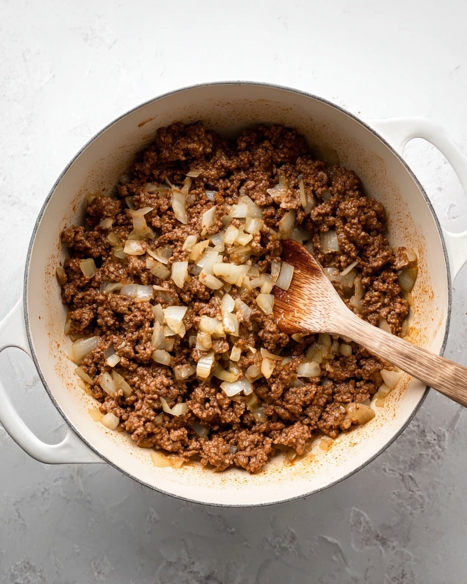 A white pot filled with cooked ground meat and diced onions mixed together, showing a mix of brown and translucent textures. A wooden spoon rests inside the pot on the right side, with some onions on it. The pot sits on a white marbled surface that contrasts with the warm colors of the meat and onions. The dish has only one layer of ingredients, spread evenly inside the pot. photo taken with an iphone --ar 4:5 --v 7